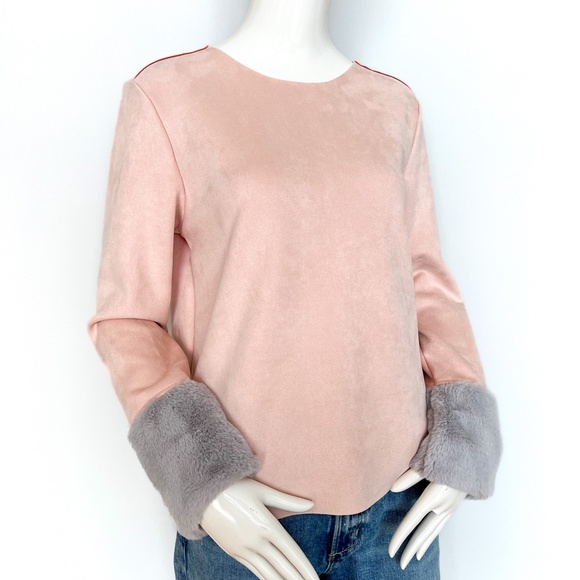 NWT | Zara Faux Suede Top Faux Fur Sleeve Trim Light Pink Grey Gray Pullover M - Picture 4 of 13